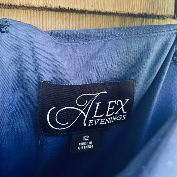 Alex Evening Sz12 Cold Shoulder Glitter Mesh Blue Dress Draped Skirt Cowl Neck - Picture 5 of 16